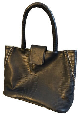 Geir Ness Laila Navy Faux Leather Croc Embossed Double Handle Tote